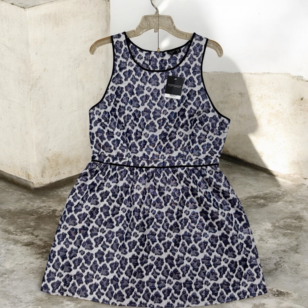 Topshop Blue Leopard Print Sleeveless Fit & Flare Dress NWT
